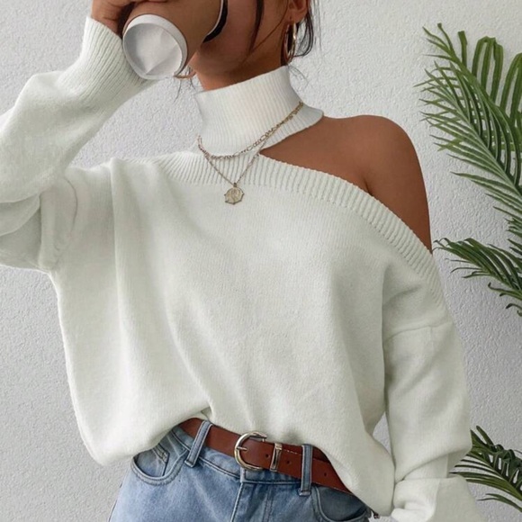 Turtleneck Cut Out Drop Shoulder Sweater
